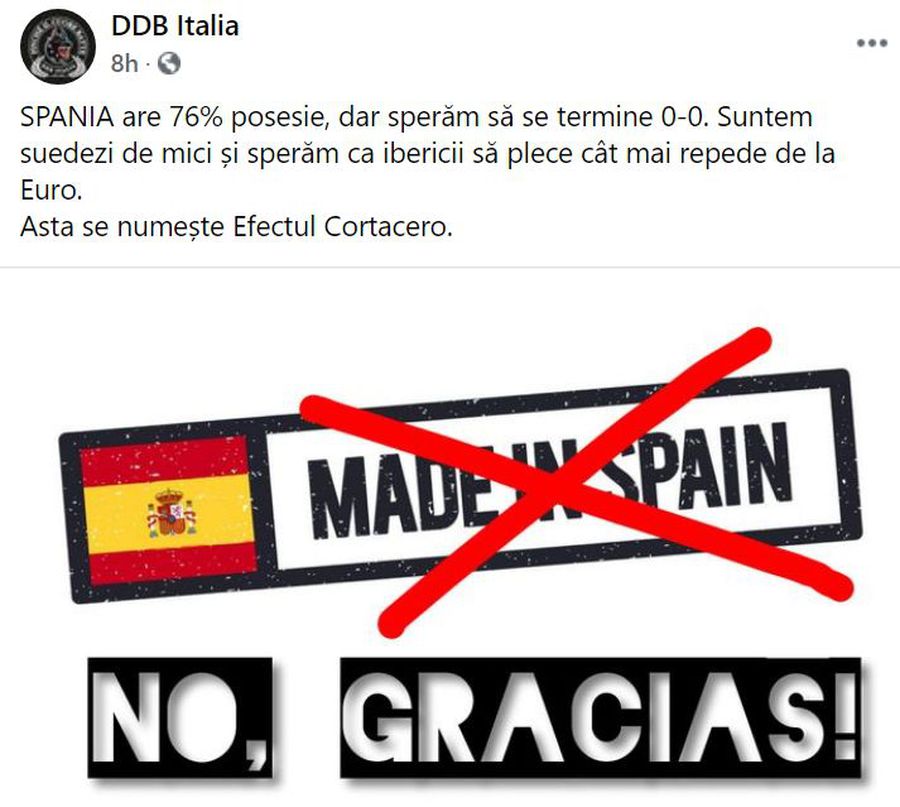 Postarea celor din „DDB Italia” DDB, reacție în timpul meciului Spania - Suedia: „Suntem suedezi de mici”