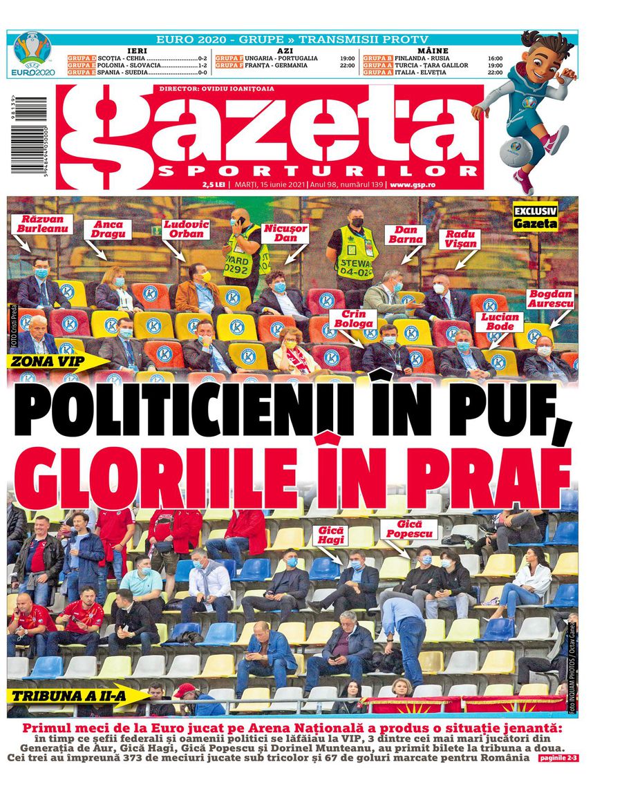 Prima pagină a Gazetei de azi: angajații FRF și crema politică au văzut confruntarea din zona VIP, iar foștii mari internaționali ai României de la tribuna a II-a Bode: „Pe mine m-a invitat FRF”. Orban: „Pe mine, Nicușor Dan” » Și politicienii atacă, în scandalul biletelor publicat de GSP: „Guvern tratat cu lipsă de respect”