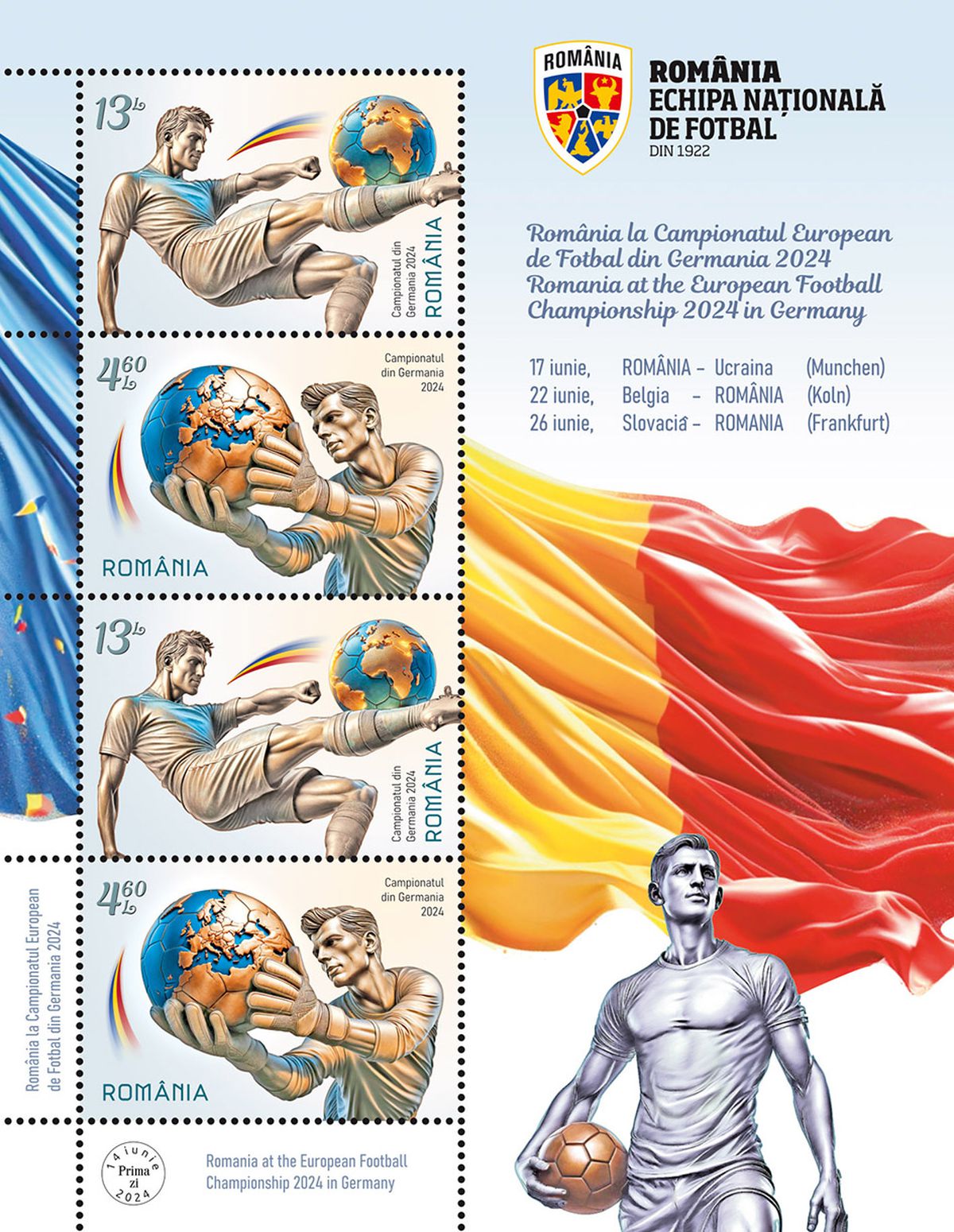 Moment unic pentru colecționari: Romfilatelia a lansat timbre speciale pentru EURO 2024