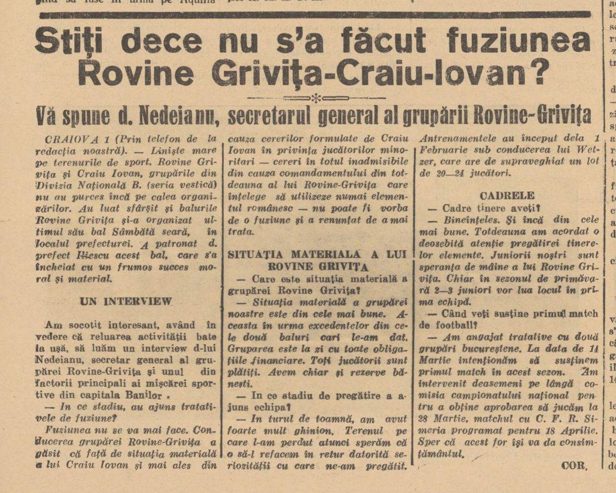 Fuziunea dintre Rovine Grivița și Craiu Iovan