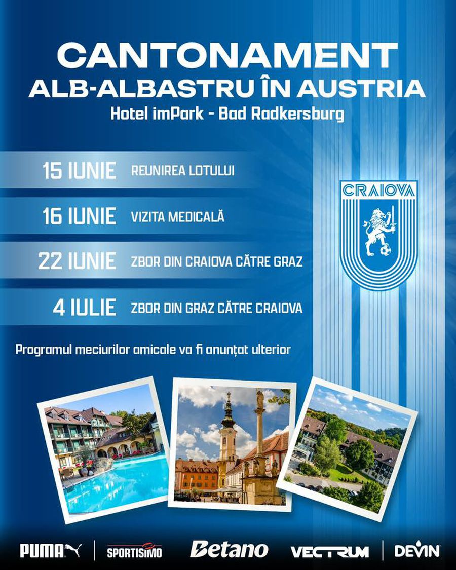 Program pregătire vară Universitatea Craiova Universitatea Craiova s-a reunit duminică: 29 de fotbaliști prezenți, 5 noutăți în lotul lui Rădoi
