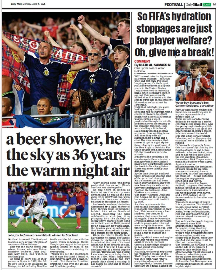 Opinia virulentă publicată astăzi în pagina 61 a tabloidului Daily Mail Alt editorial nimicitor: „Aceasta este FIFA lui Infantino, bufonul zâmbitor. Pentru șarlatanul arogant, suntem cu toții acolo pentru a fi jefuiți și în pauzele de hidratare!”