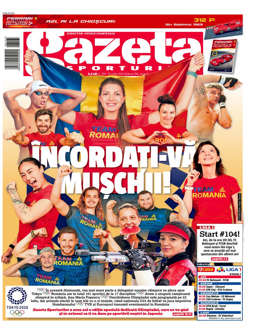 Așa arată coperta Gazetei Sporturilor de azi, 15 iulie 2021 Cu Gazeta Sporturilor spre Tokyo » Olimpicii României au răsfoit ediția specială dedicată lor de GSP în ziua zborului