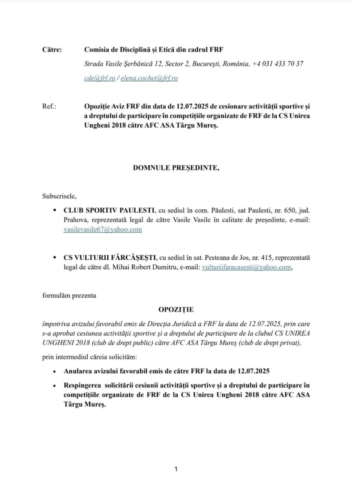 Contestația depusă de CS Păulești împotriva cesiunii dintre Unirea Ungheni și ASA Târgu Mureș