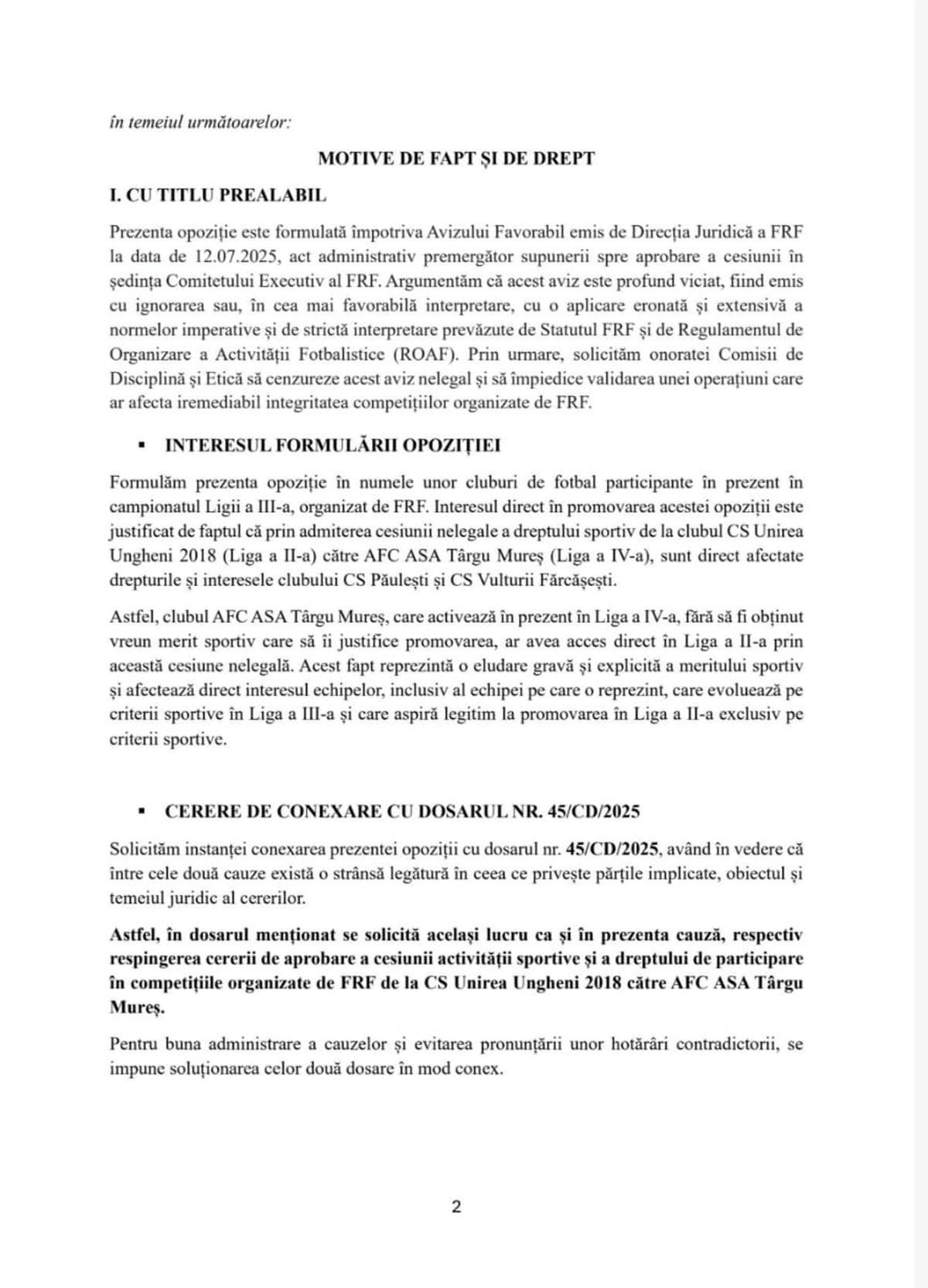 Contestația depusă de CS Păulești împotriva cesiunii dintre Unirea Ungheni și ASA Târgu Mureș