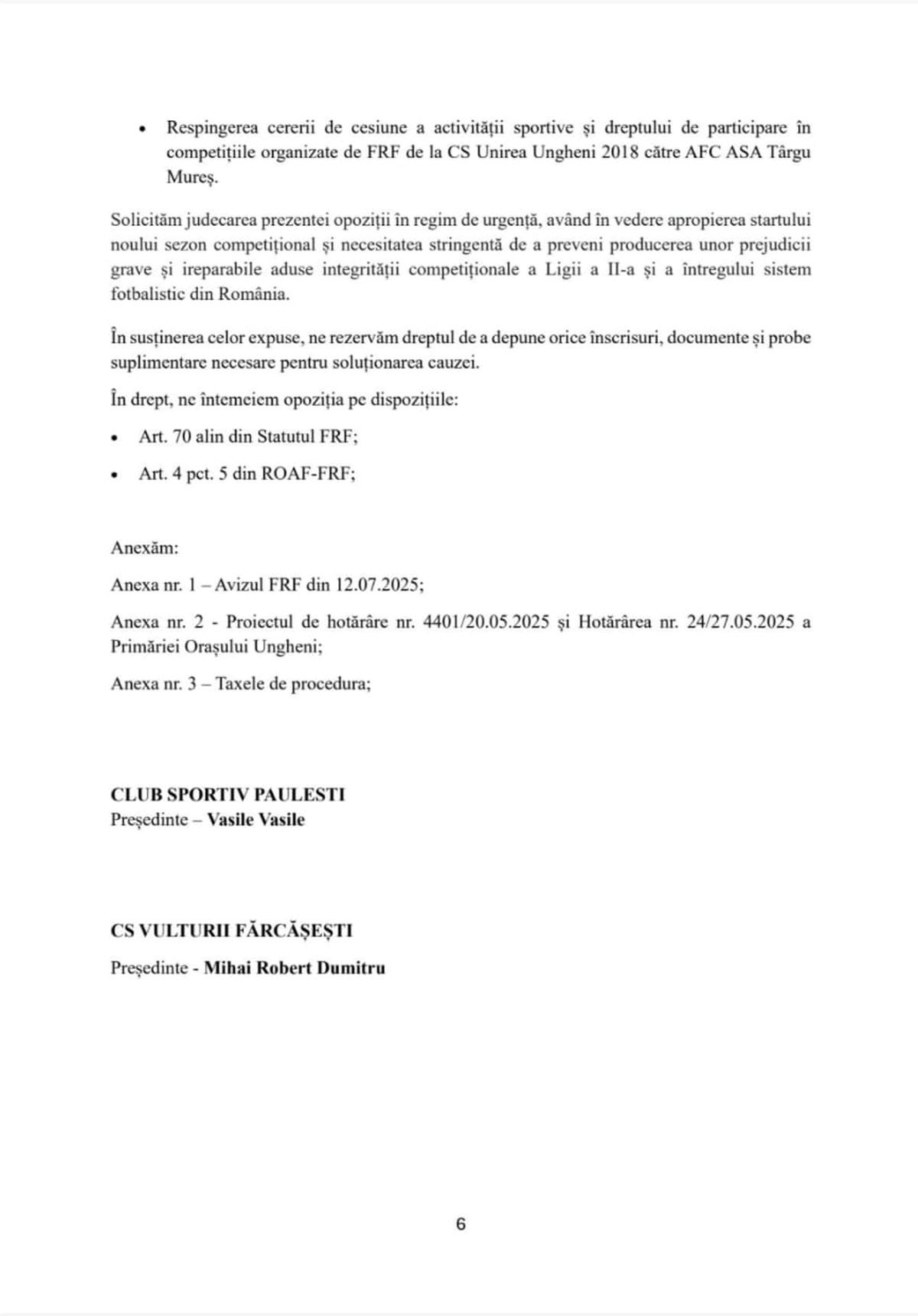 Contestația depusă de CS Păulești împotriva cesiunii dintre Unirea Ungheni și ASA Târgu Mureș