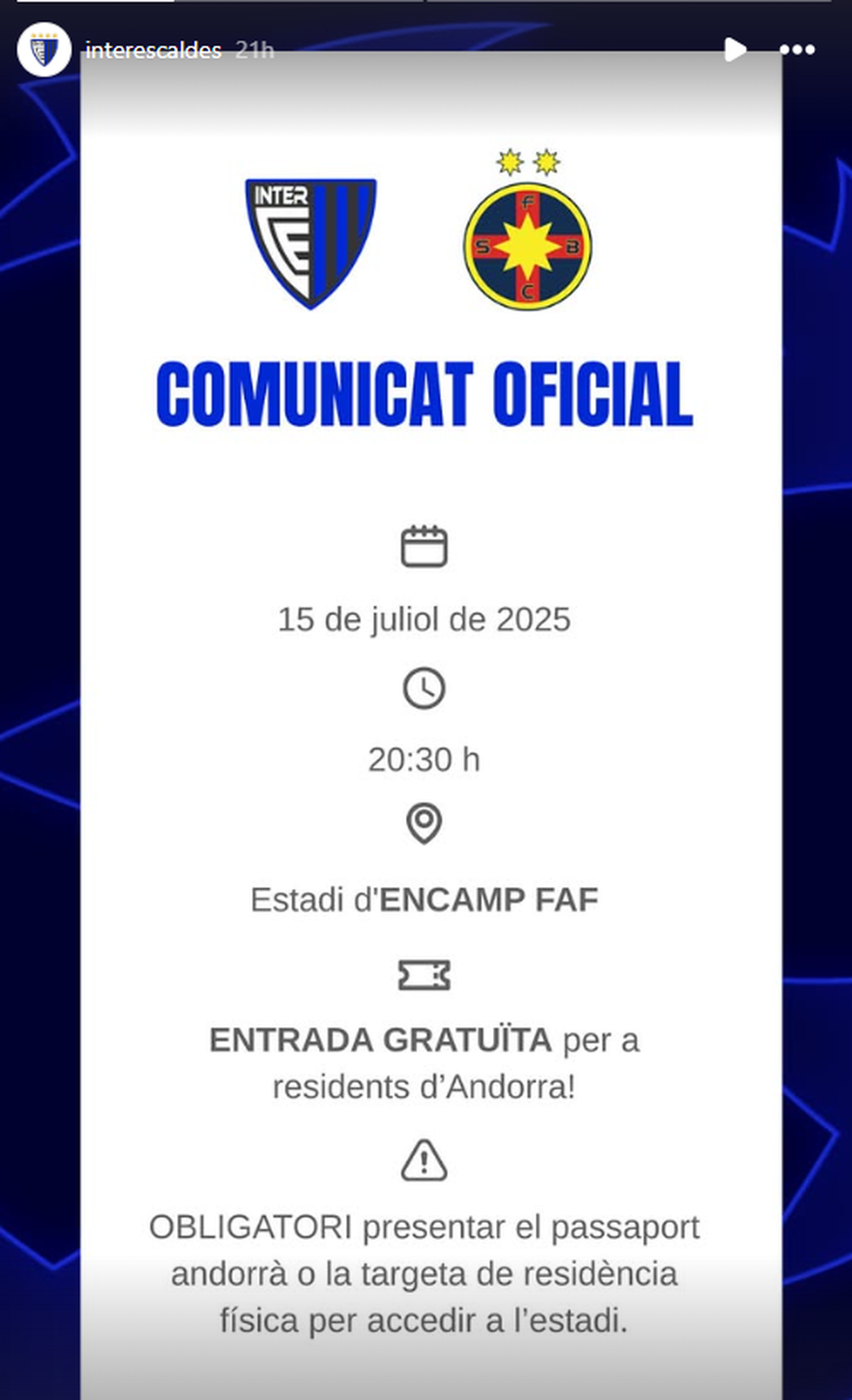 Comunicatul oficial al celor de la Inter Club D'Escaldes / Foto: Instagram Decizia scandaloasă a celor de la Inter Club D'Escaldes înainte de returul cu FCSB: rezidenții din Andorra intră gratis, fanii români plătesc ca la finala Ligii Campionilor
