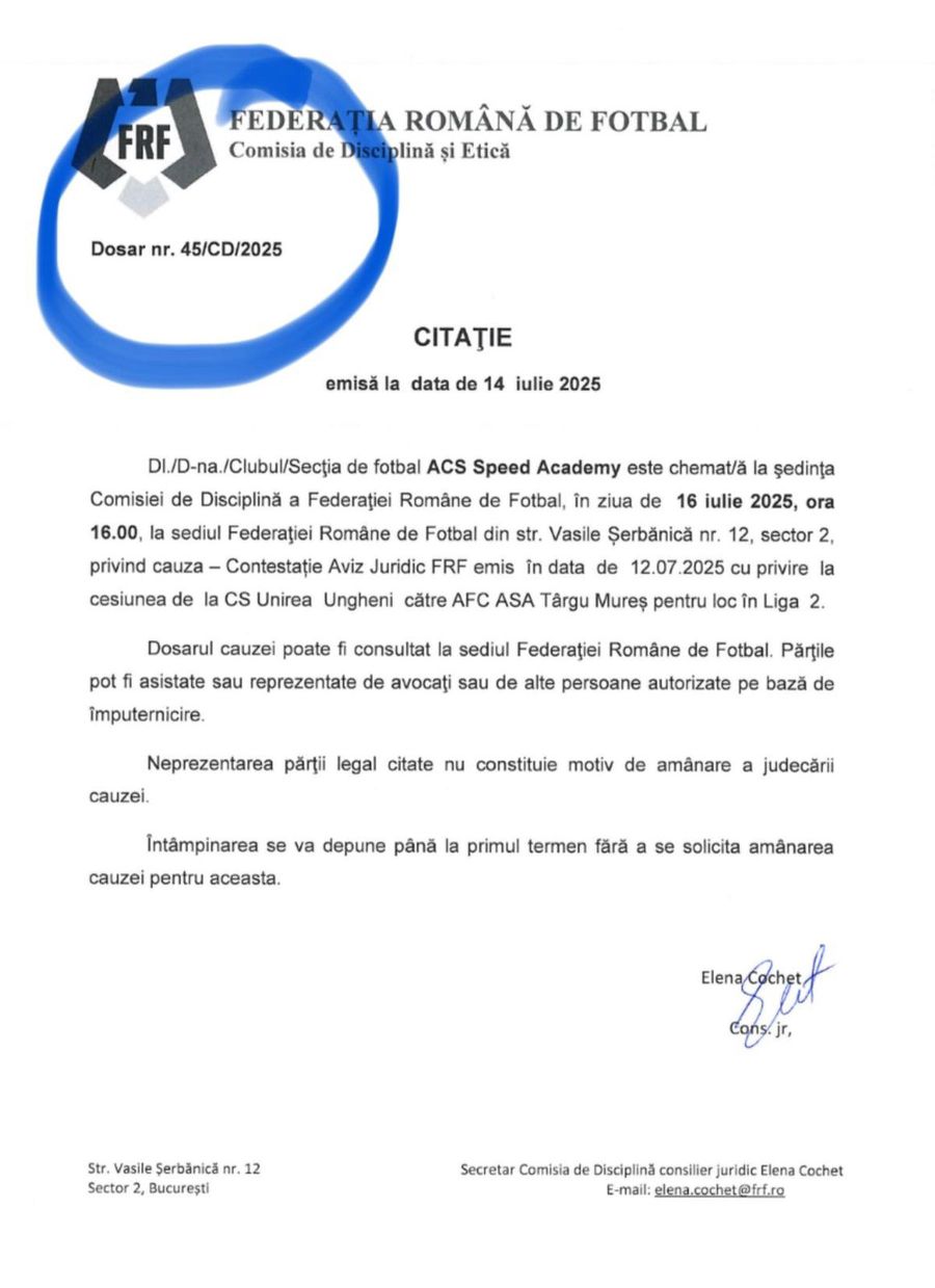 Cererea celor de la Speed Academy va fi analizată pe 16 iulie FRF a răspuns contestațiilor împotriva cesiunii „Unirea Ungheni - ASA Târgu Mureș”