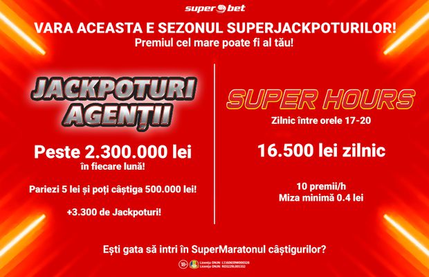 Premiul cel mare la X Jackpot a crescut până la 500.000 de lei. Super Hours, cel mai nou jackpot national, îți aduce până la 16.500 de lei pe zi, între orele 17:00-20!