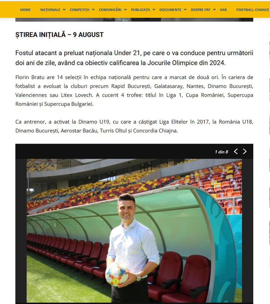 foto: captură de pe FRF.ro, pe 9 august 2021 Minciuni în direct » Florin Bratu: „Mi-a expirat contractul cu FRF” vs. Federația în 2021: „Fostul atacant a preluat naționala U21 pentru următorii 2 ani”