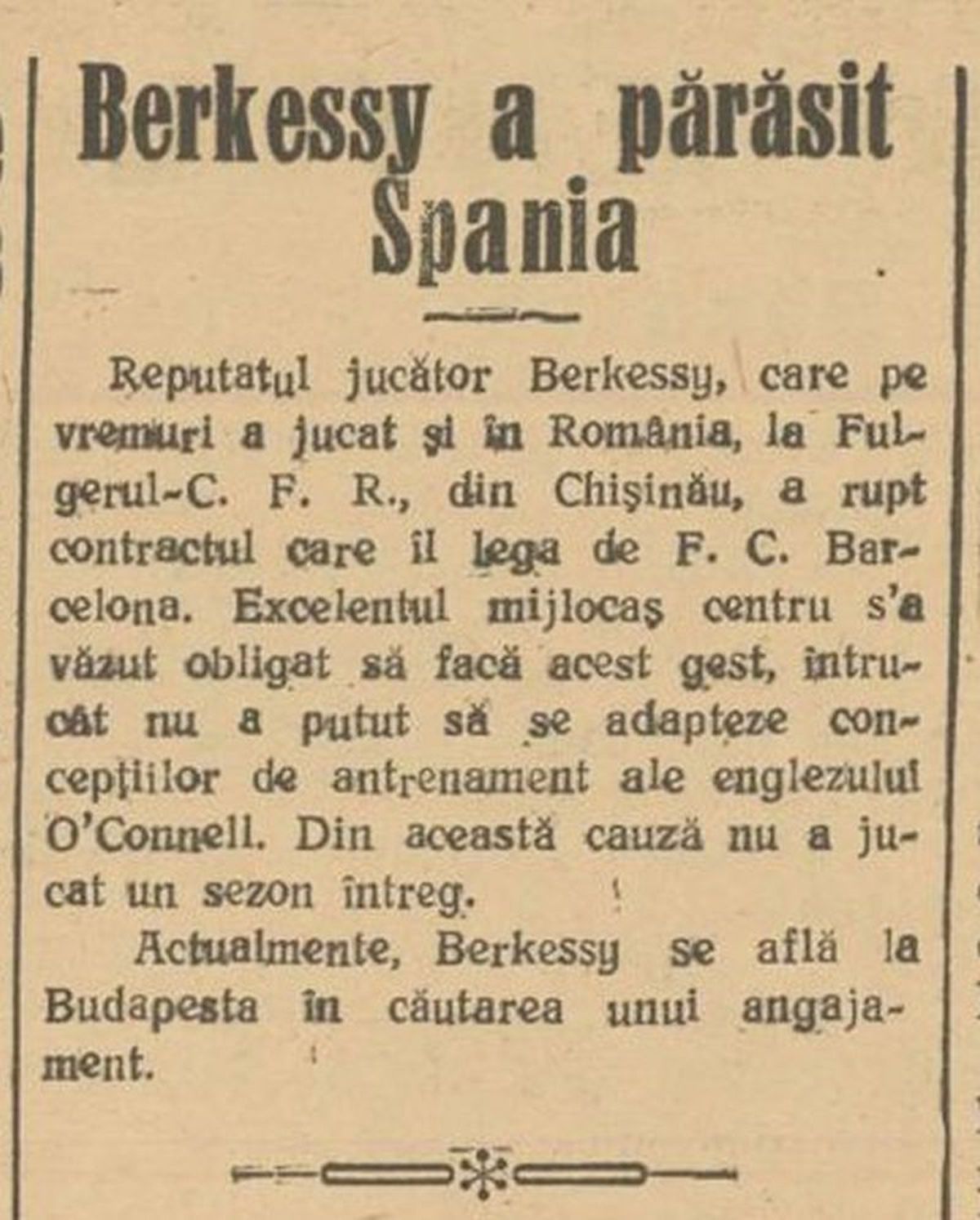 Elemer Berkessy, primul jucător născut pe teritoriul actual al României ajuns la FC Barcelona