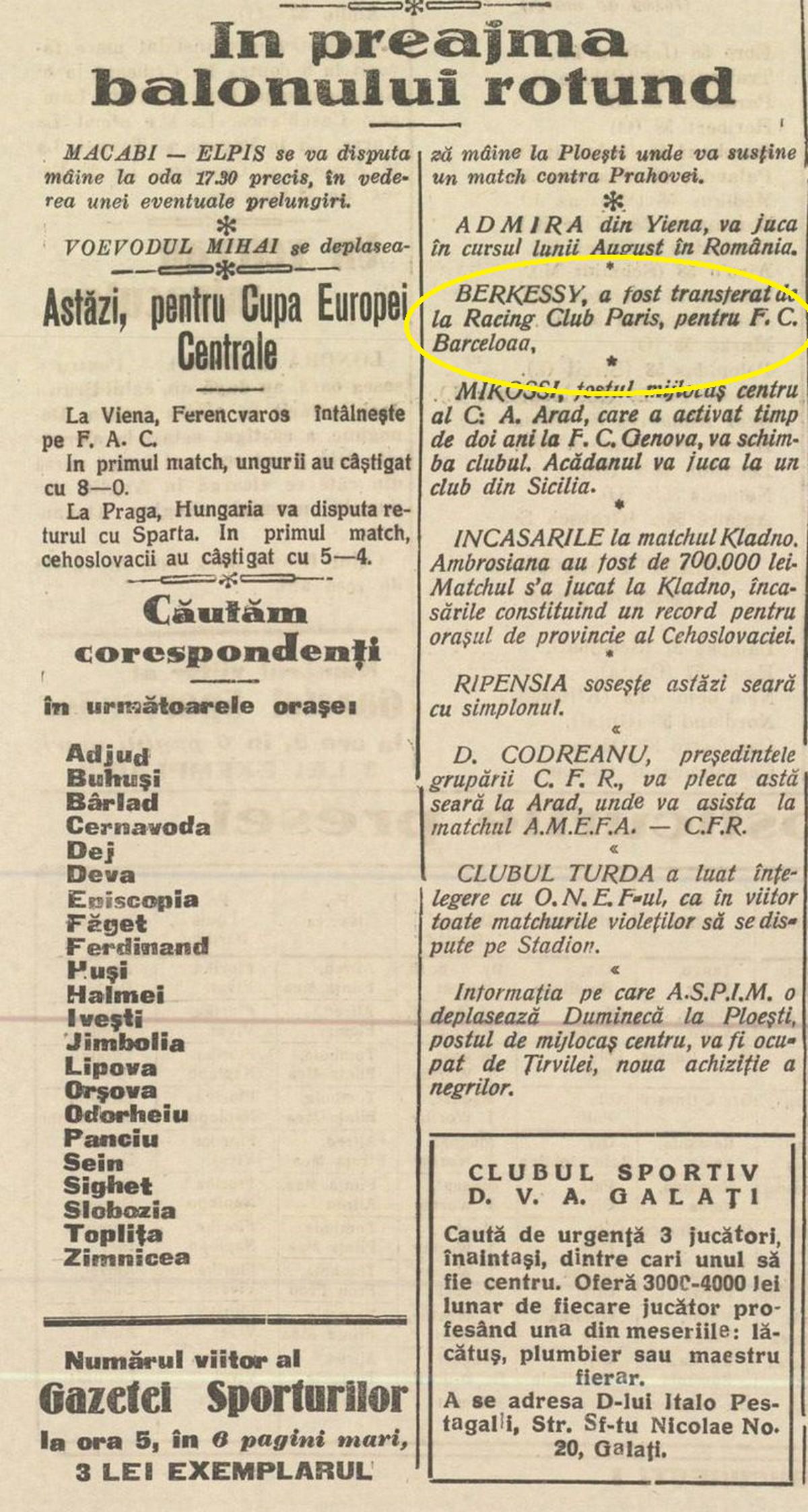 Elemer Berkessy, primul jucător născut pe teritoriul actual al României ajuns la FC Barcelona