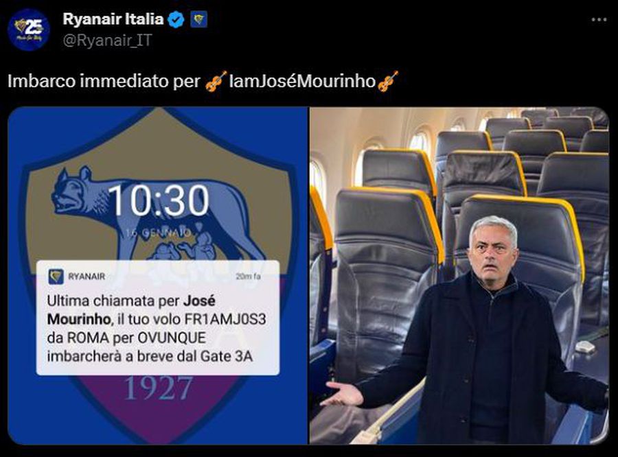 Următoarea destinație a lui Mourinho! » Luat peste picior din nou de Ryanair Italia: „Ultimul apel pentru Jose”