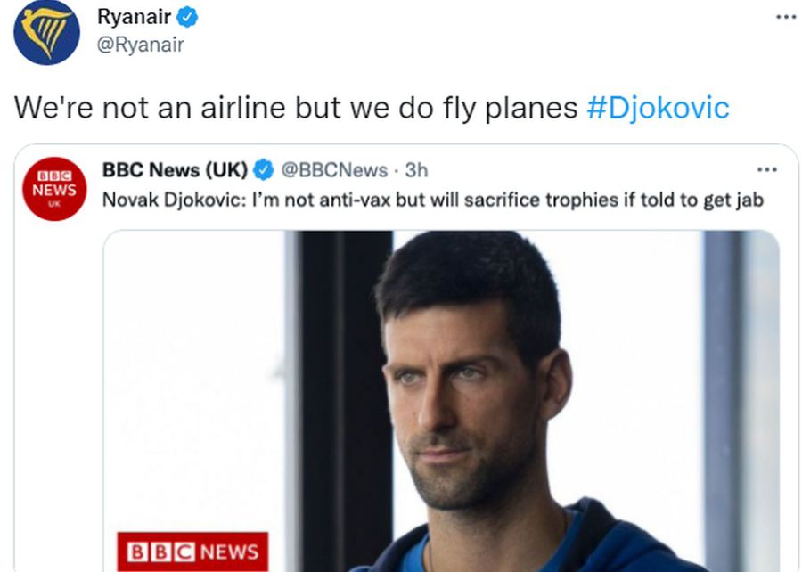 Novak Djokovic, ironizat de Ryanair, după declarațiile contradictorii privind vaccinul