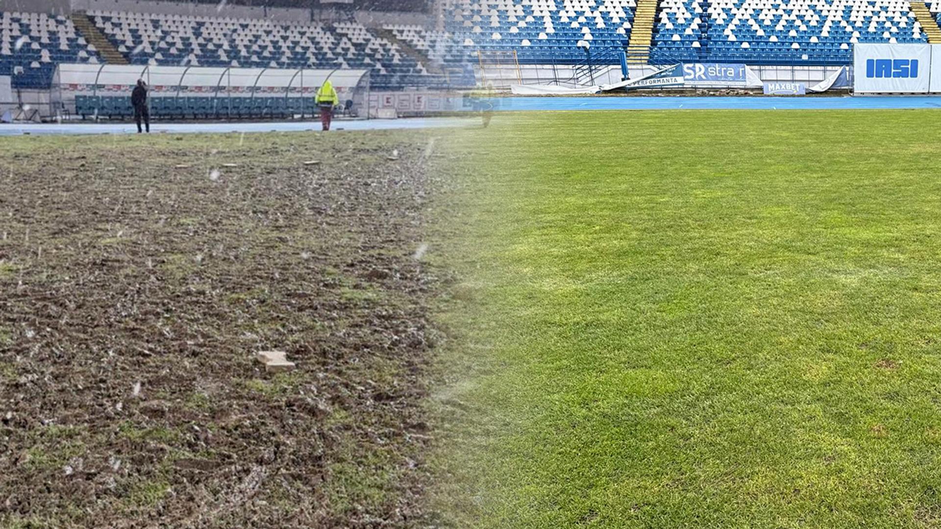 Gazonul distrus al terenului Copou după meciul de rugby, evidențiind distrugere gazon și investiții Primăria Iași afectate. | sursa foto: Gazeta Sporturilor