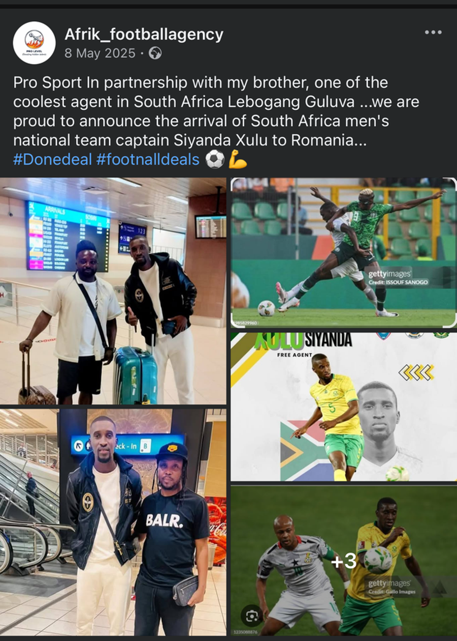 Postarea de pe pagina de facebook a agenției lui Tegbo Best, care anunța sosirea la București a lui Xulu, în mai 2025 Uluitor: căpitanul Africii de Sud a venit să dea probe de joc în liga secundă din România ca să prindă Mondialul! + „Ngezana a fost ca și «copilul» meu”