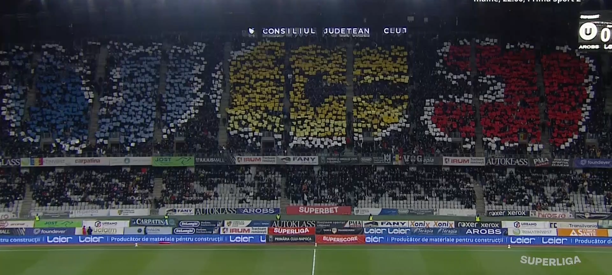 Scenografie în „tricolor” la derby-ul U Cluj - CFR! Atmosferă spectaculoasă pe Cluj Arena