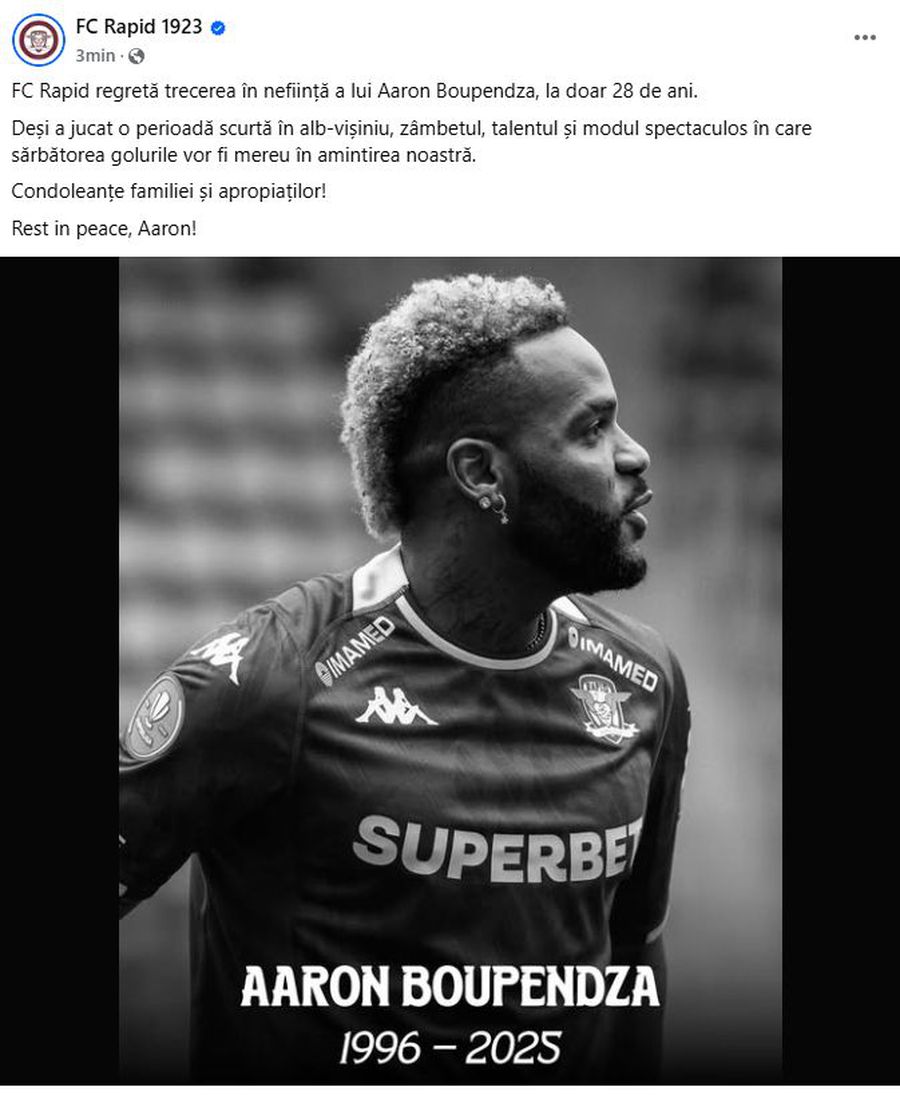 Foto: Facebook Rapid Rapid a reacționat după decesul lui Aaron Boupendza: „Mereu în amintirea noastră”