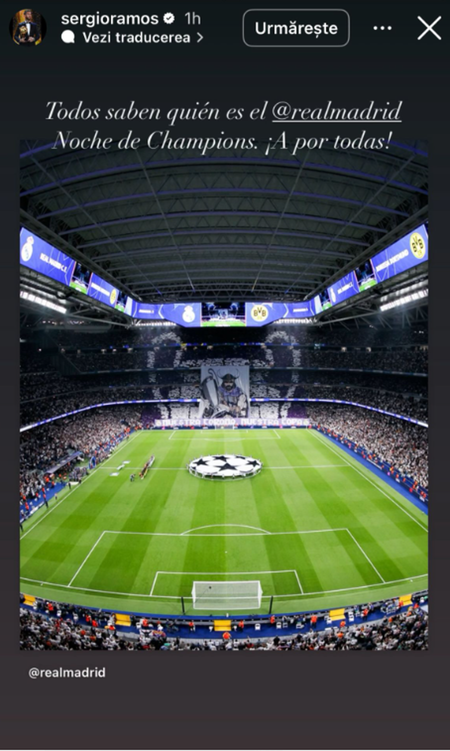 Sergio Ramos și-a arătat susținerea pentru Real Madrid înaintea returului cu Arsenal. FOTO: Instagram Uitați de „remontada”! Arsenal s-a impus și pe Bernabeu și merge în semifinalele Ligii Campionilor