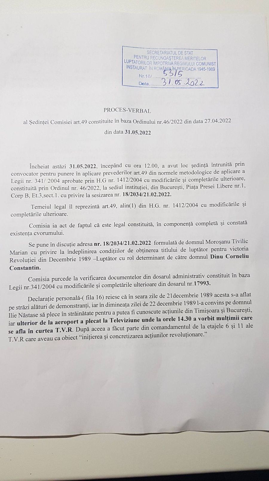 Decizie majoră: „Cornel Dinu nu a îndeplinit condițiile pentru acordarea titlului de Luptător cu Rol Determinant la Revoluție”