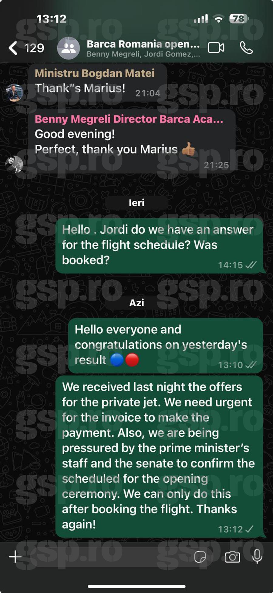 Captură de pe grupul de WhatsApp dedicat lansării Barca Academy: Bogdan Matei apare în conversații cu titlul de „ministru” Barca Academy România, afacere de stat: șeful ANS, Bogdan Matei, și ex-premierul Marcel Ciolacu, „nașii” proiectului + Iată cât a costat avionul cu care a venit Joan Laporta la București!