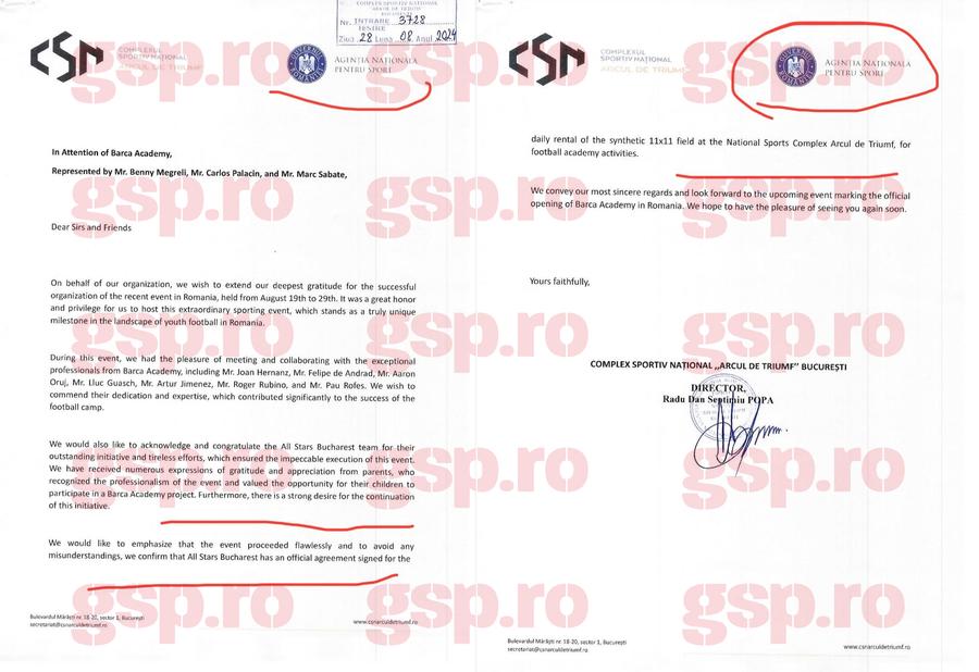 Acesta este emailul expediat de la CNS „Arcul de Triumf” către FC Barcelona, prin care catalanii sunt asigurați că Academia de la București va avea terenurile pentru antrenamente și meciuri Barca Academy România, afacere de stat: șeful ANS, Bogdan Matei, și ex-premierul Marcel Ciolacu, „nașii” proiectului + Iată cât a costat avionul cu care a venit Joan Laporta la București!