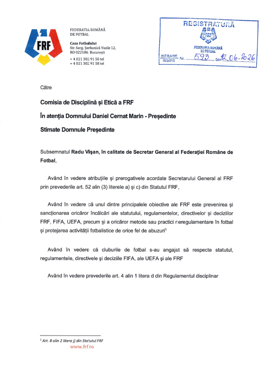 Prima pagină din sesizarea lui Radu Vișan Anchetă penală în scandalul promovării în Liga 2: „Vă place magia?” » Plângere la Parchet pentru documente false în cazul Ștefăneștii de Jos & FRF