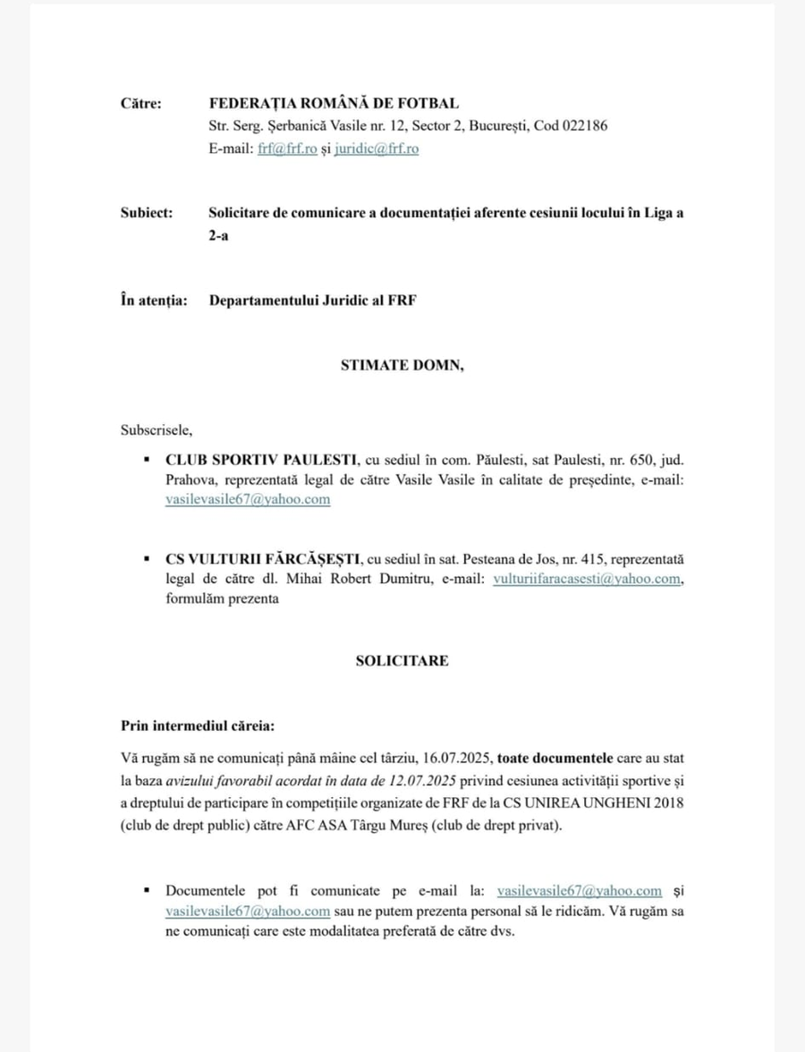 Șicanele FRF împotriva contestatarilor în cazul „Unirea Ungheni - ASA Tg. Mureș” » Telefoane de intimidare și interzis la documente