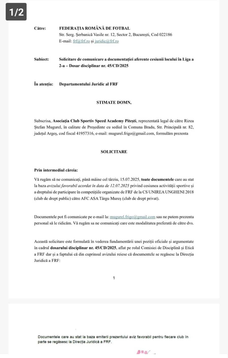 Șicanele FRF împotriva contestatarilor în cazul „Unirea Ungheni - ASA Tg. Mureș” » Telefoane de intimidare și interzis la documente