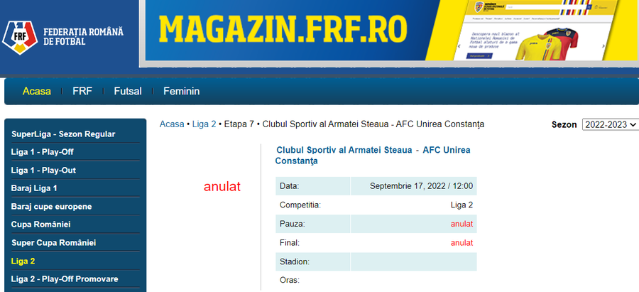 Meciul celor de la CSA Steaua cu Unirea Constanța a fost ANULAT! Anunțul FRF