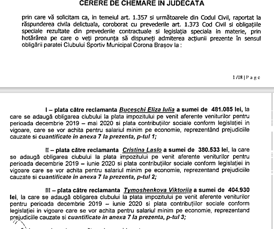 Facsimil din cererea de chemare în judecată Dau în judecată clubul! Decizia handbalistelor din România și Ucraina suspendate pentru dopaj
