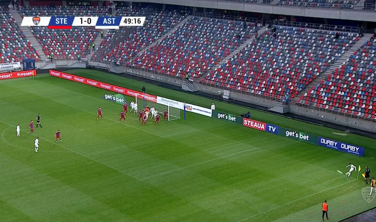 Ionuț Zaharia, gol din corner în CSA Steaua - Astra / FOTO: Capturi @Telekom Sport 1