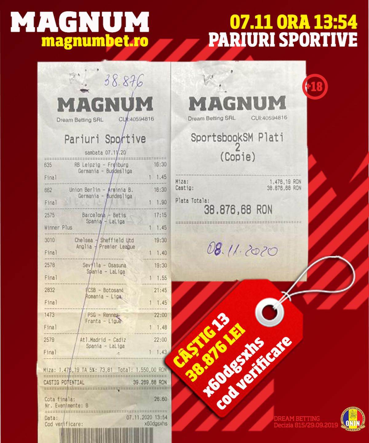 Un parior din MANGALIA a câștigat la MAGNUM BET aproximativ 200.000 de EURO, mai exact 881.532 de lei!