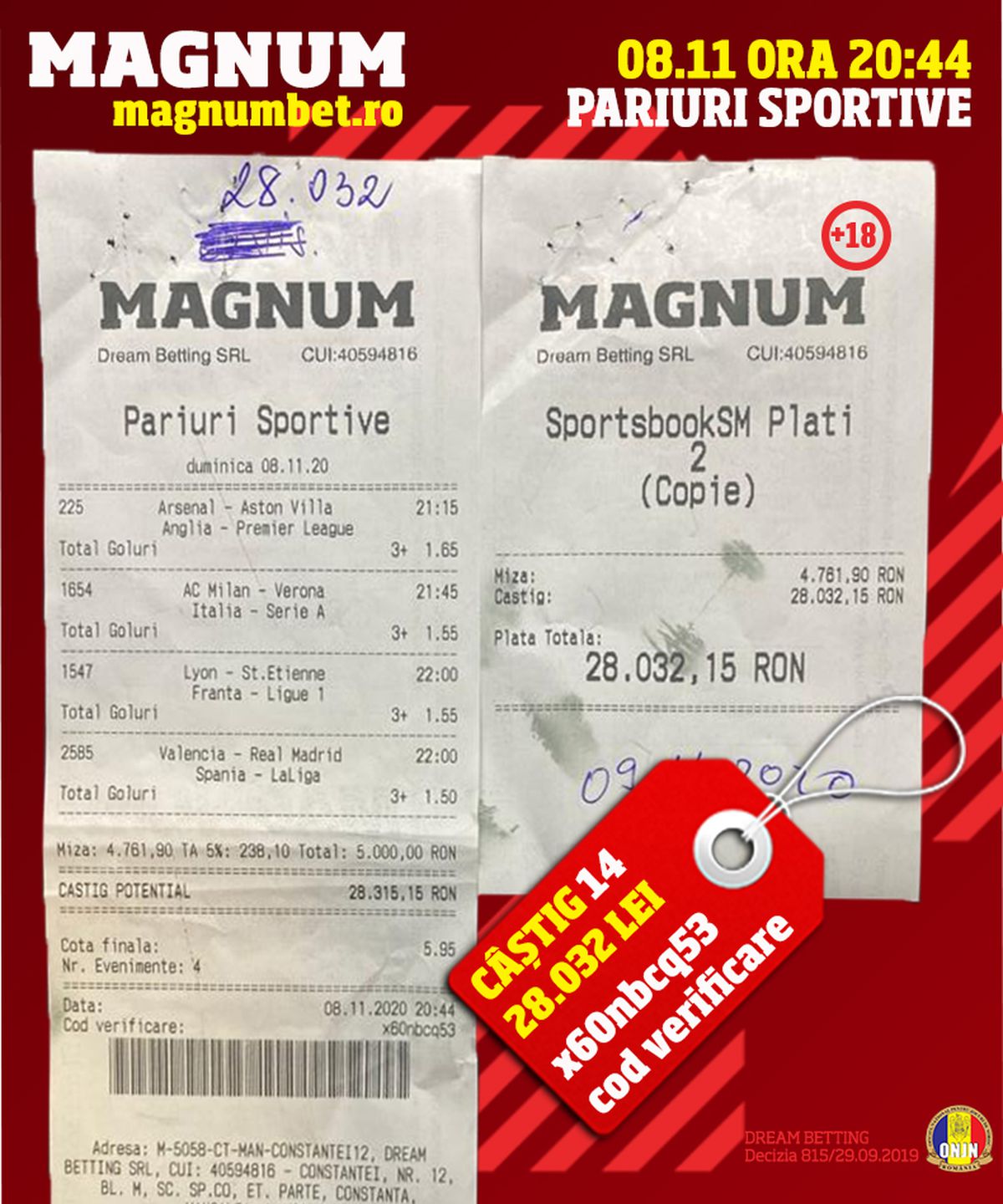 Un parior din MANGALIA a câștigat la MAGNUM BET aproximativ 200.000 de EURO, mai exact 881.532 de lei!