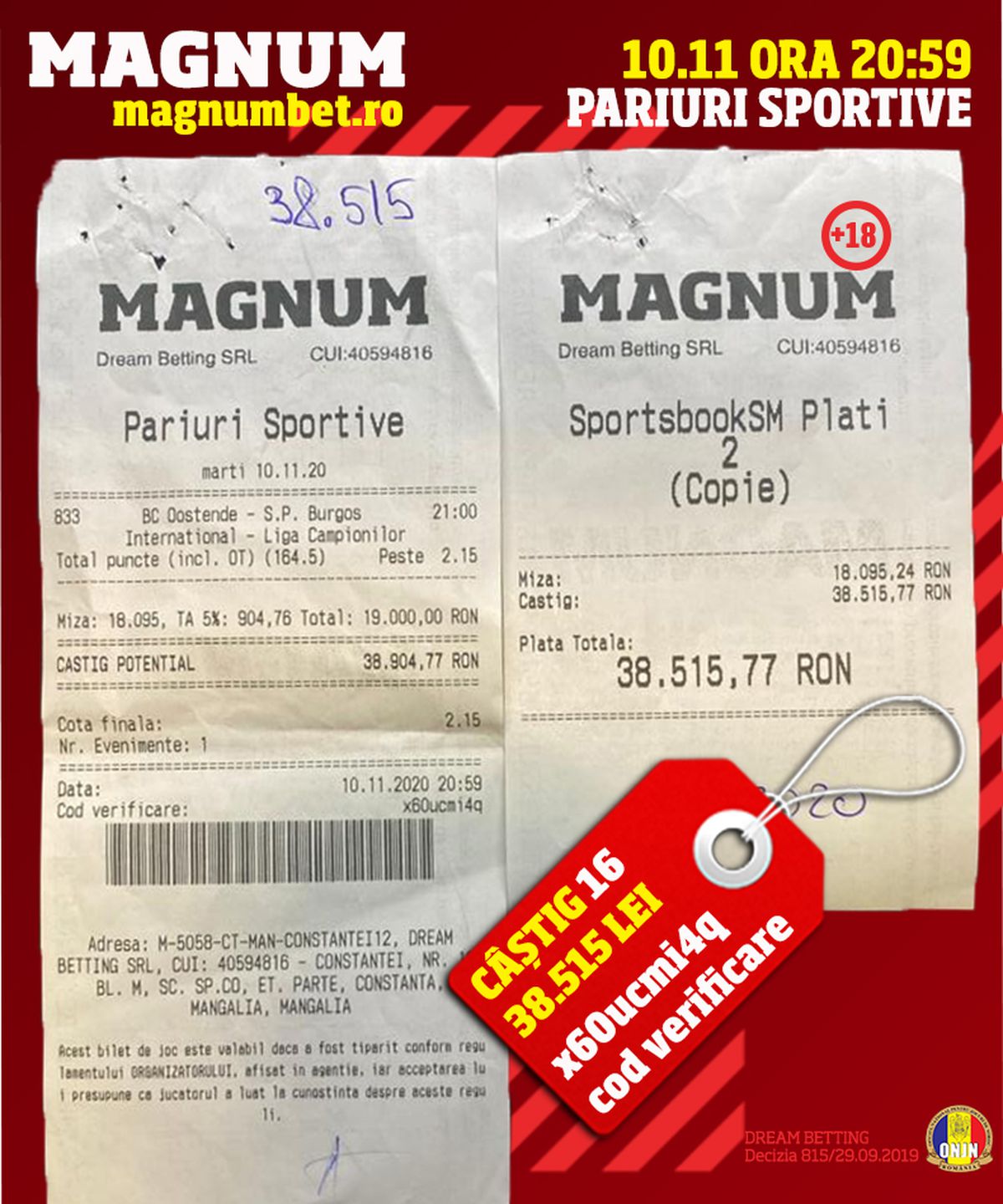 Un parior din MANGALIA a câștigat la MAGNUM BET aproximativ 200.000 de EURO, mai exact 881.532 de lei!