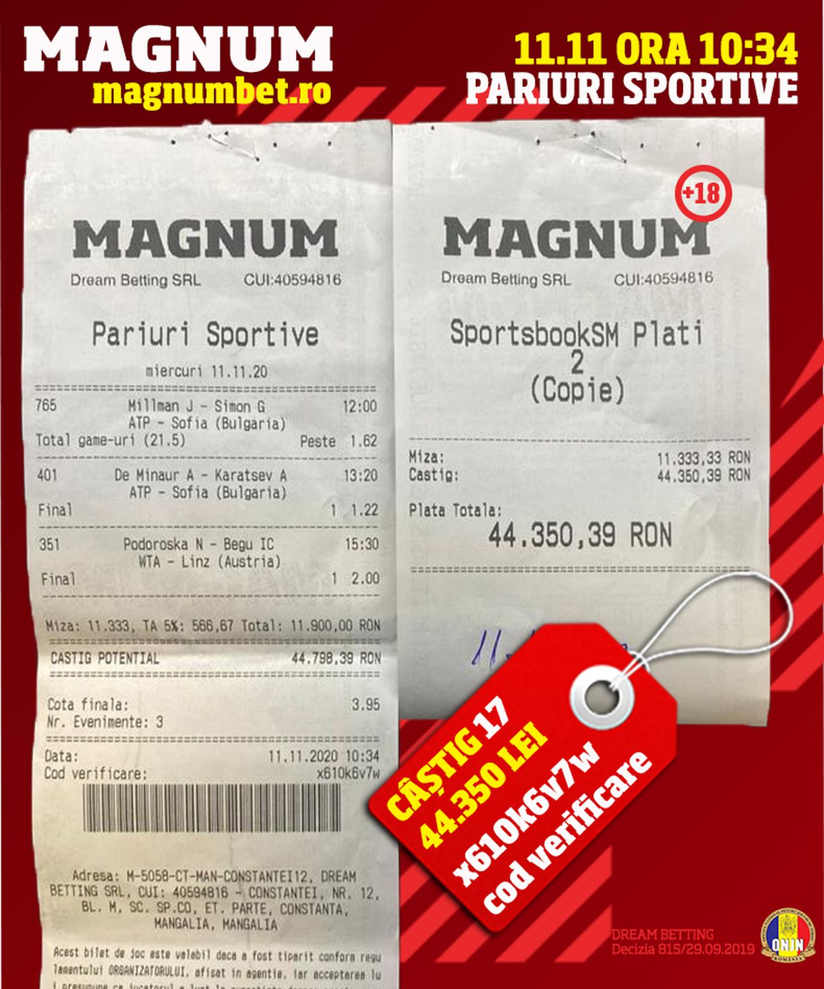 Un parior din MANGALIA a câștigat la MAGNUM BET aproximativ 200.000 de EURO, mai exact 881.532 de lei!