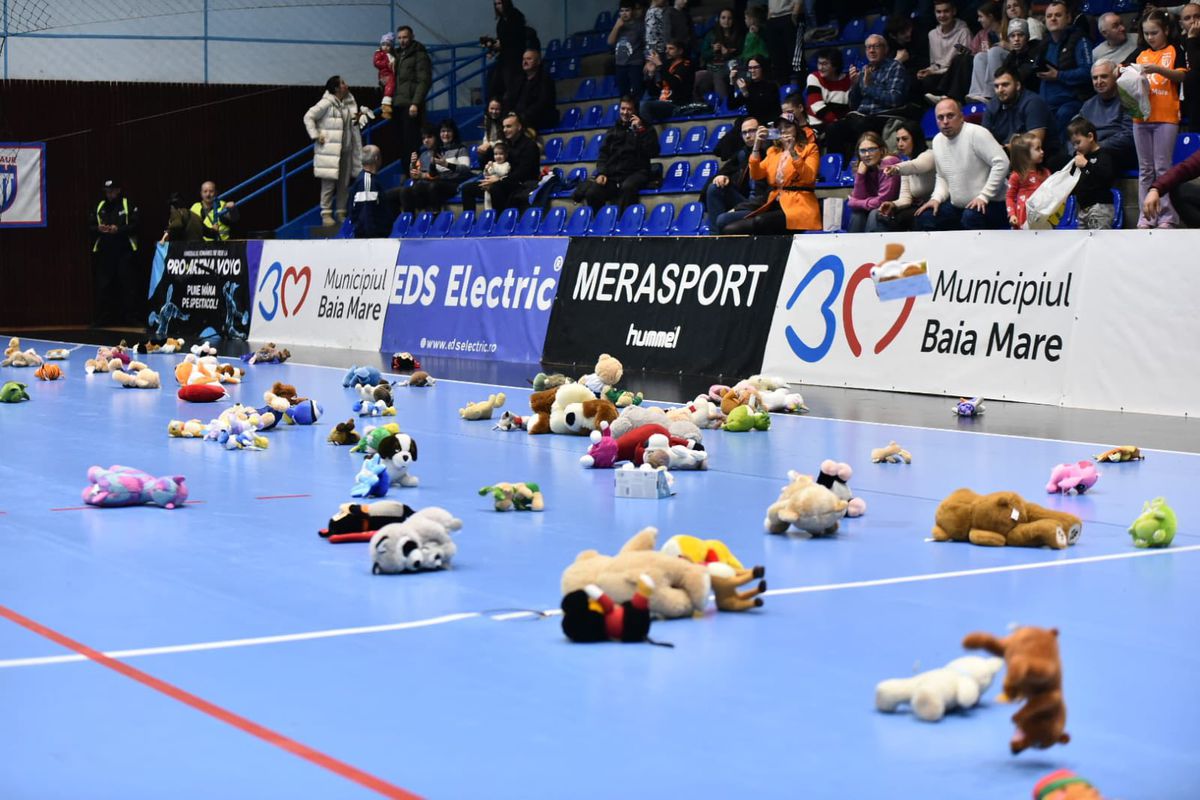 Gest superb! Sute de jucării de pluș aruncate pe parchet la meciul de handbal din România