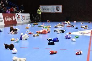 Gest superb! Sute de jucării de pluș aruncate pe parchet la meciul de handbal din România