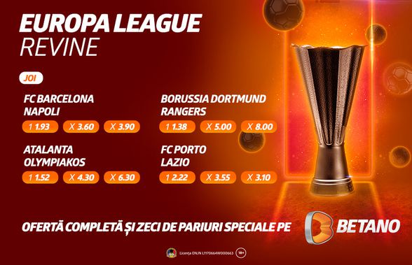 Barcelona, Borussia Dortmund, FC Porto sau Napoli se luptă în Europa League! BetCombo, Cote Mărite și Misiuni Exclusive pe Betano