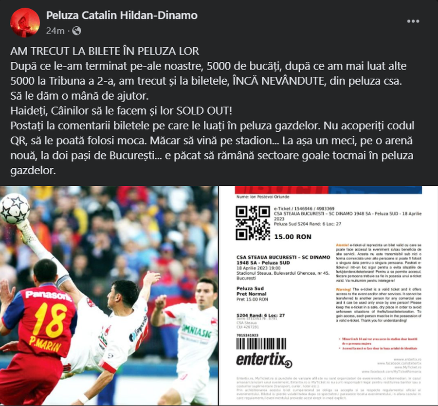 CSA Steaua - Dinamo, meciul galeriilor. Mesaj la miezul nopții: „Am trecut la bilete în peluza lor”
