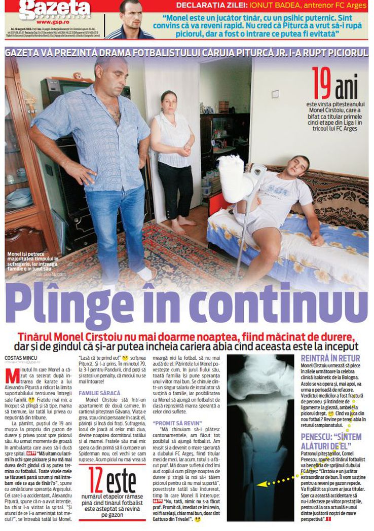 În vara lui 2008, la câteva zile după accidentare, o echipă a Gazetei l-a vizitat pe Monel Cârstoiu la Pitești. În imagine, pagina de ziar dedicată dramei fotbalistului / Sursă foto: Arhivă GSP