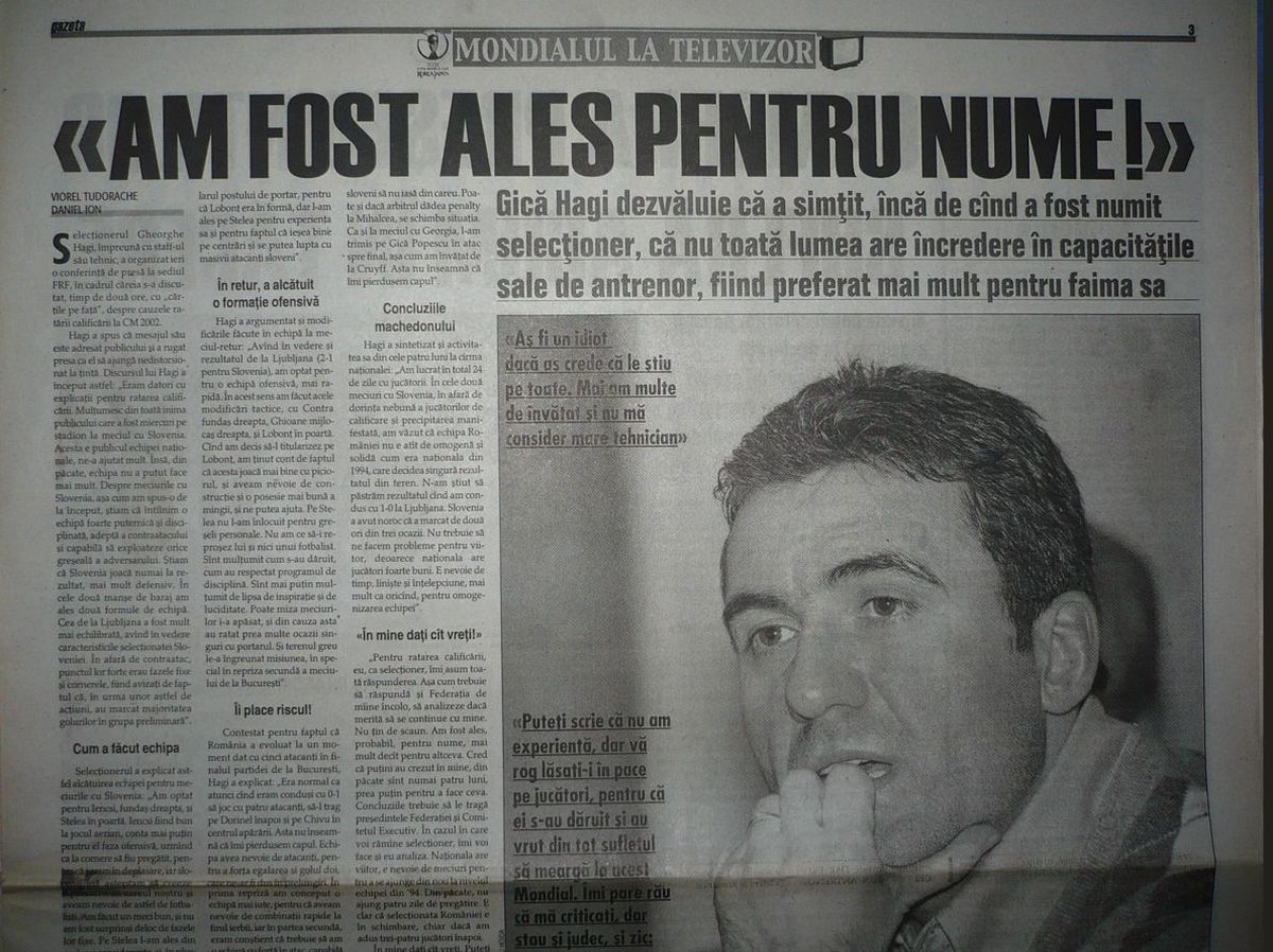 Conferința cu cântec a lui Gică Hagi din 2001, după dezastrul cu Slovenia + paginile Gazetei Sporturilor