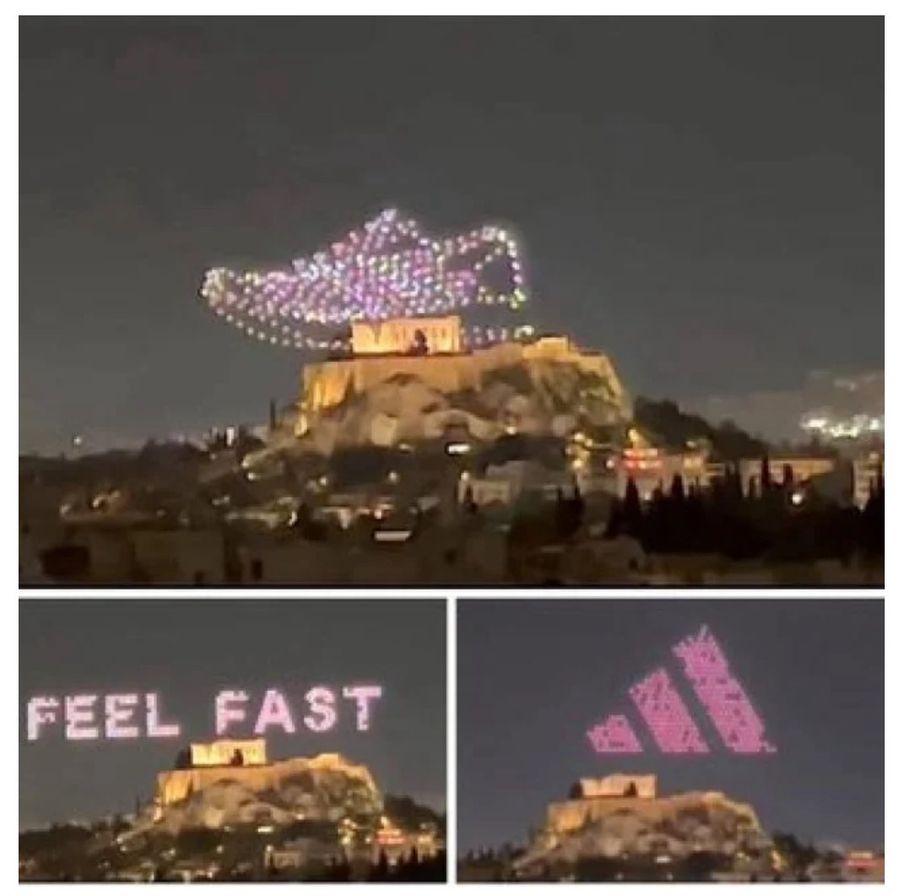 Imaginile care au revoltat Grecia, cu uriașa gheată Adidas călcând pe Acropole / Foto: X @daphnetolis Scandal monstru la Atena » Autoritățile elene vor să dea în judecată renumitul producător de echipament sportiv: „E un spectacol sălbatic, dezgustător și ilegal!”