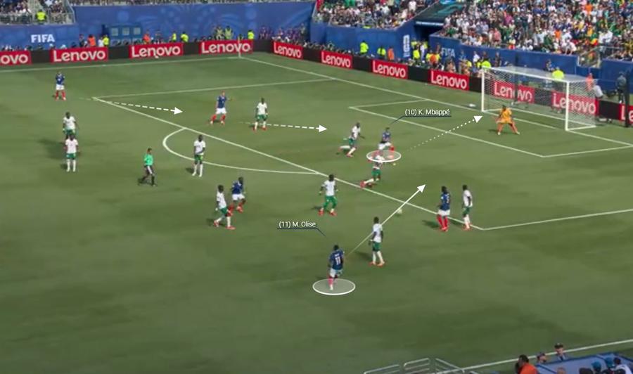 Olise, chiar dacă coboară în flanc, se deplasează central și îl servește excelent pe Mbappe. Fotografie generată în platforma Wyscout Șurubăreli mondiale » Cum a reparat-o Deschamps pe Franța în doar 15 minute, la pauză
