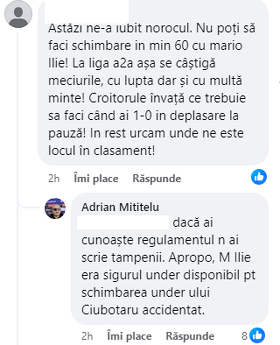 Mititelu, contre online după victoria la limită: „Suporteri? Mai degrabă vi se potrivește un alt cuvânt!”