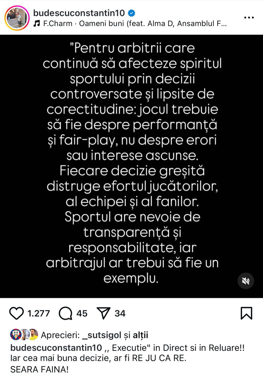 Mesajul lui Constantin Budescu pe Instagram, după meciul cu U Cluj Fără precedent în Superliga! Constantin Budescu cere REJUCAREA meciului cu U Cluj