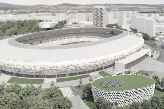 Așa ar urma să arate viitorul stadion din Bacău, încadrat de cele două turnuri de 15 etaje, un desen propus de proiectant în urmă cu 3-4 ani