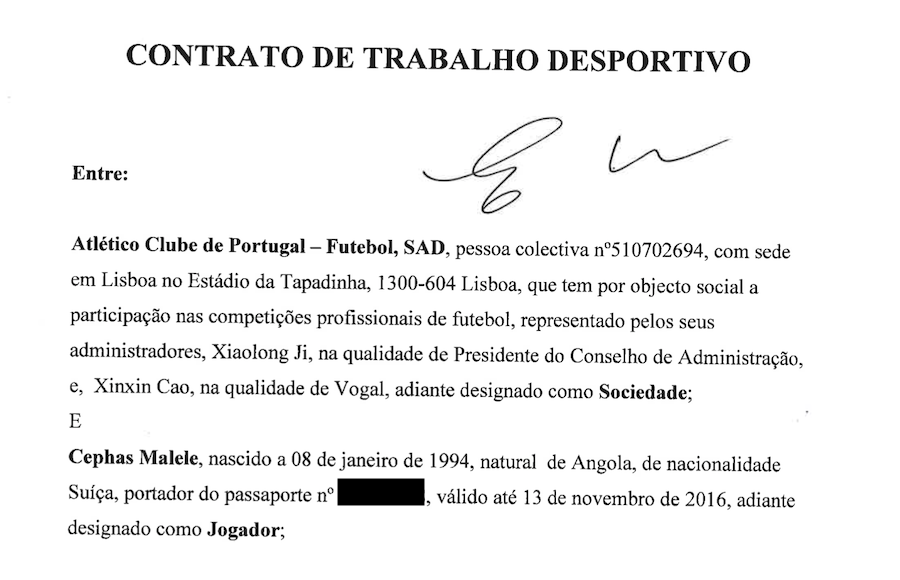 Prima filă din contractul lui Malele cu Atletico Clube de Portugal, club controlat de mafia chineză a pariurilor Prima filă din contractul lui Malele cu Atletico Clube de Portugal, club controlat de mafia chineză a pariurilor