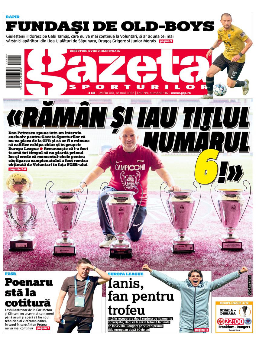 „Manita” de titluri » Fotografie spectaculoasă pe pagina 1 a Gazetei Sporturilor cu Dan Petrescu, după încă un trofeu cu CFR Cluj