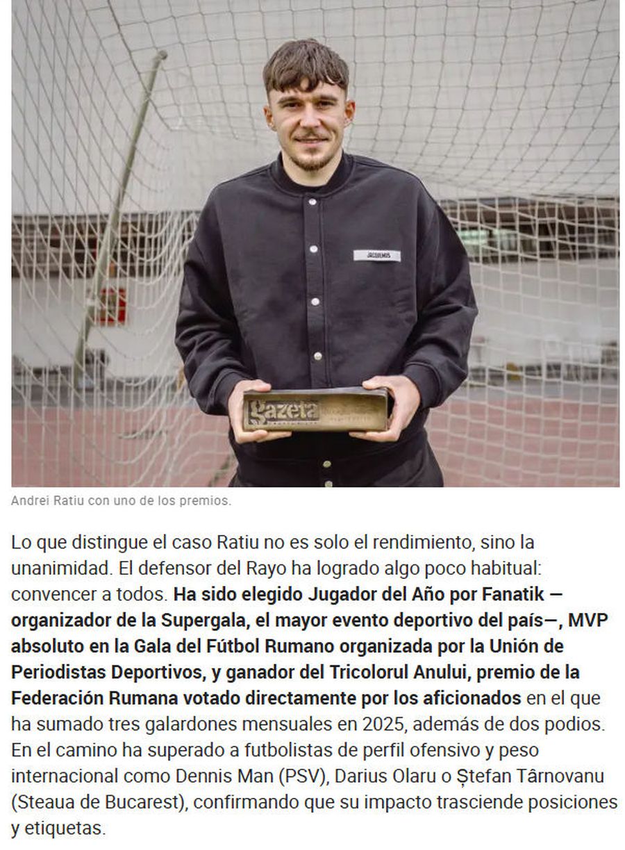 Pasaj din articolul MARCA MARCA, după ce Andrei Rațiu a fost ales Fotbalistul Anului în Ancheta GSP: „Cel mai prestigios premiu. Balonul de Aur al României”